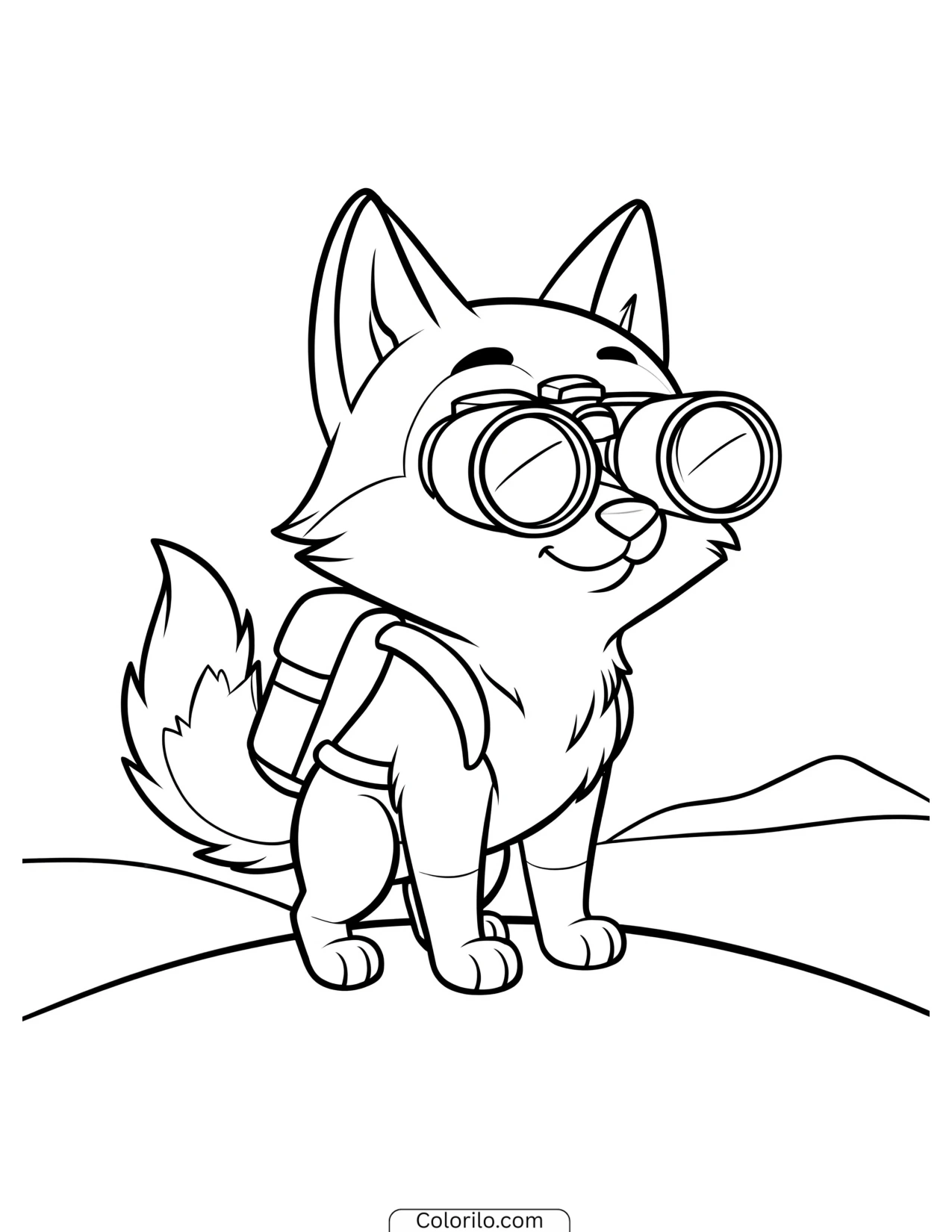 Pup exploring with a pair of binoculars coloring page