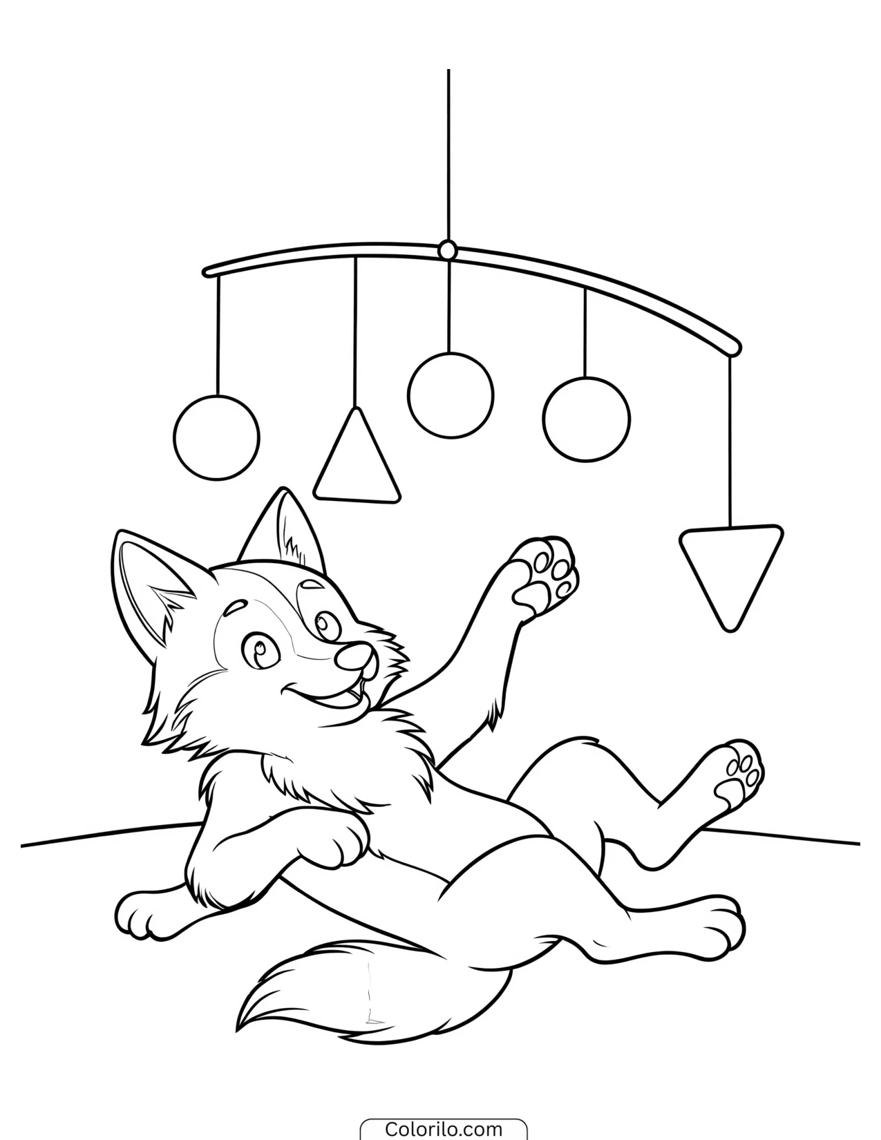 Puppy playing beneath a hanging mobile coloring page