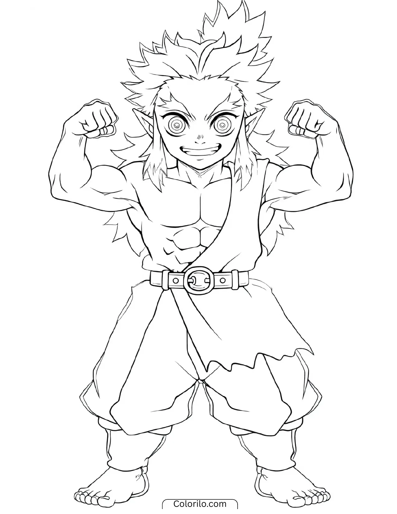 Kyojuro Rengoku flexing in a strong muscle pose coloring page
