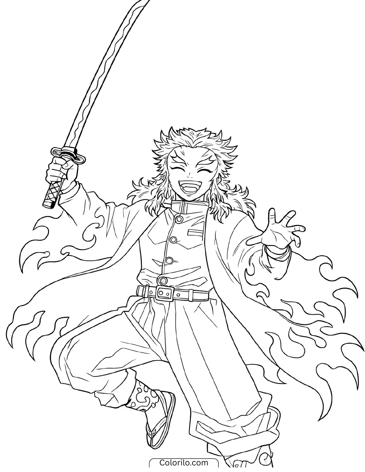 Kyojuro Rengoku jumping with his flame-patterned haori coloring page