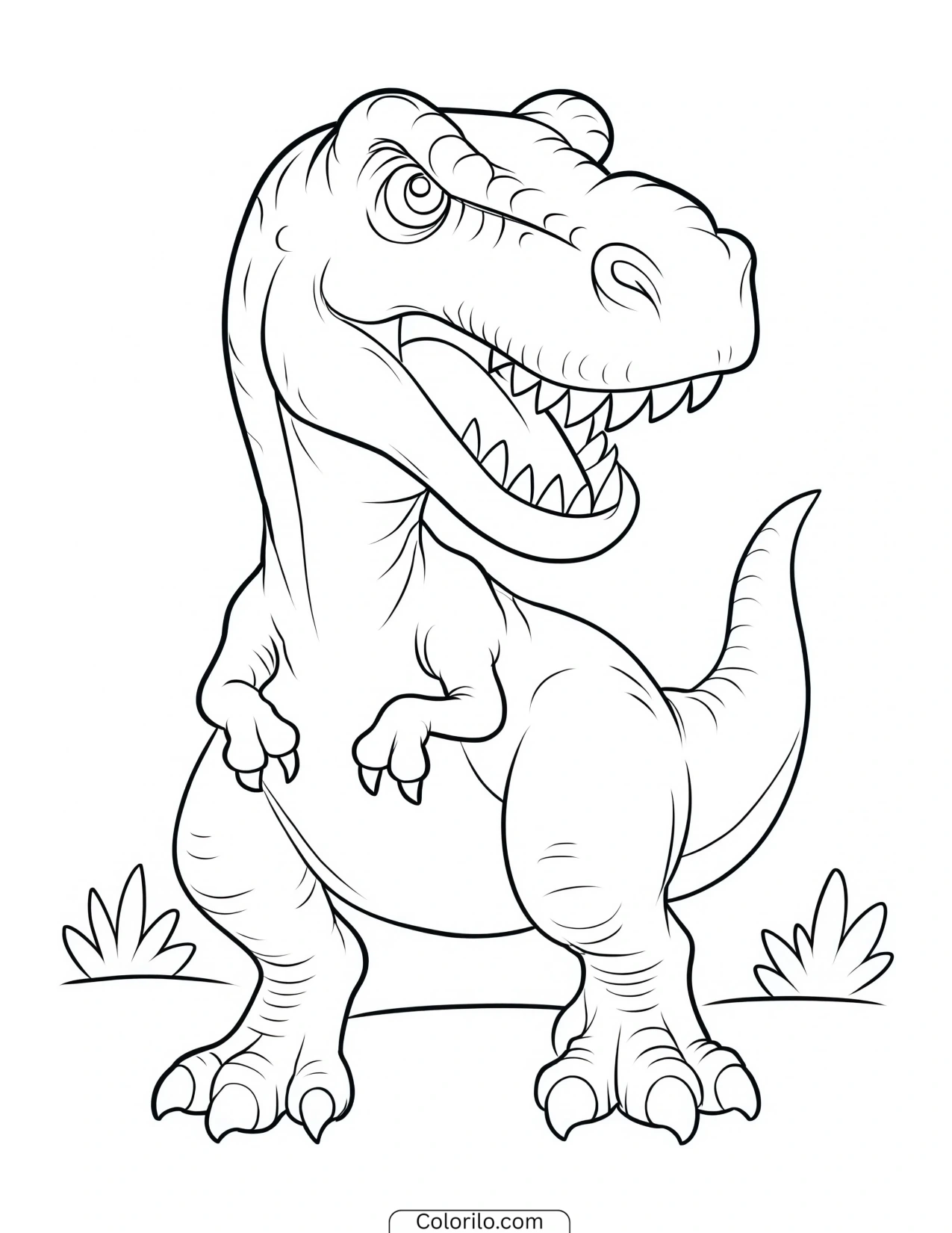 Roaring cartoon T. rex with a wide grin coloring page