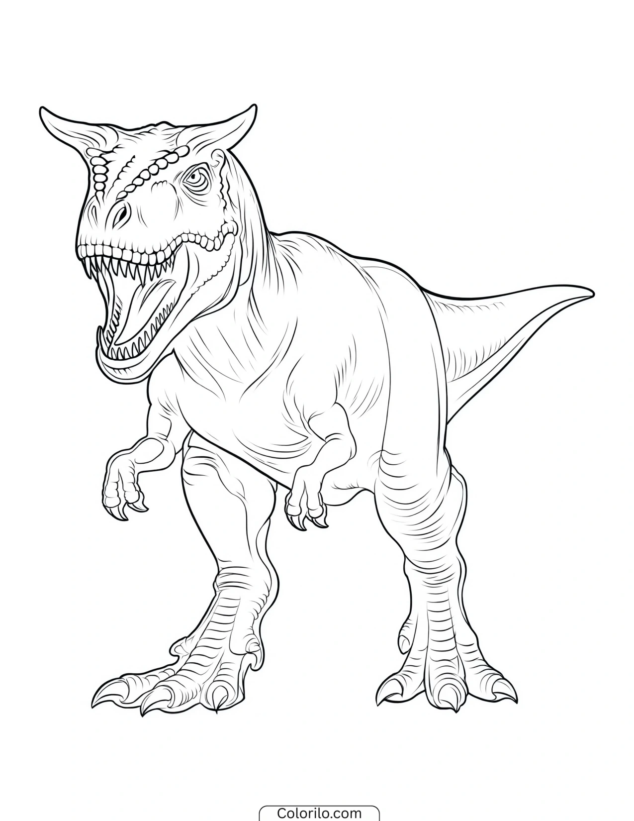 Roaring Carnotaurus with horns above its eyes coloring page