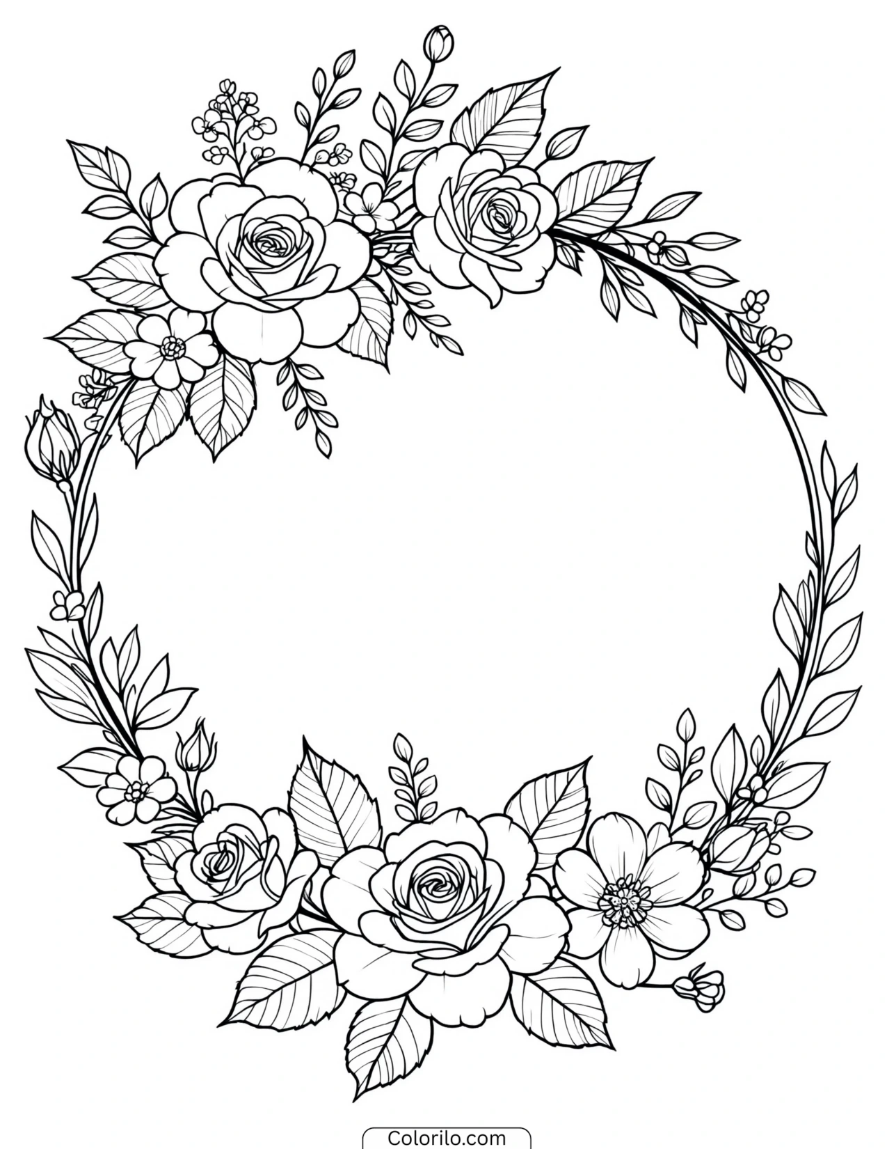 Circular wreath of roses and leaves coloring page
