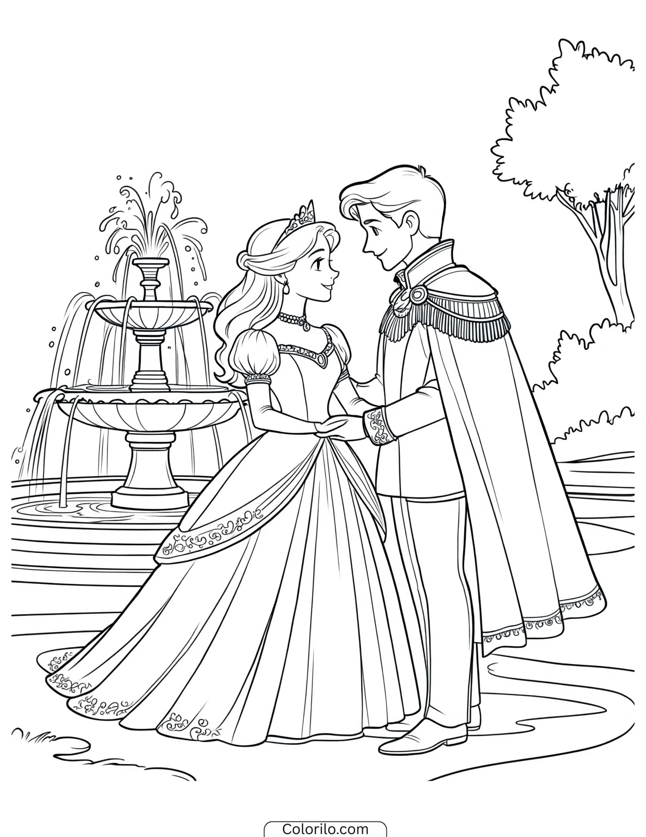 A royal couple clasping hands coloring page