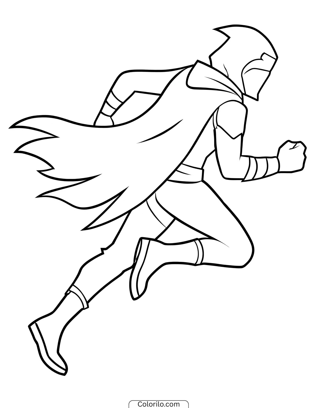Hooded figure running with a cape behind them coloring page