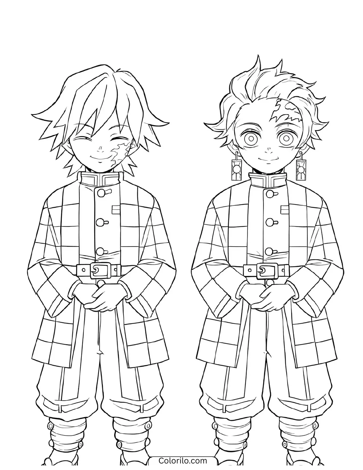 Sabito and Tanjiro with their hands clasped together coloring page
