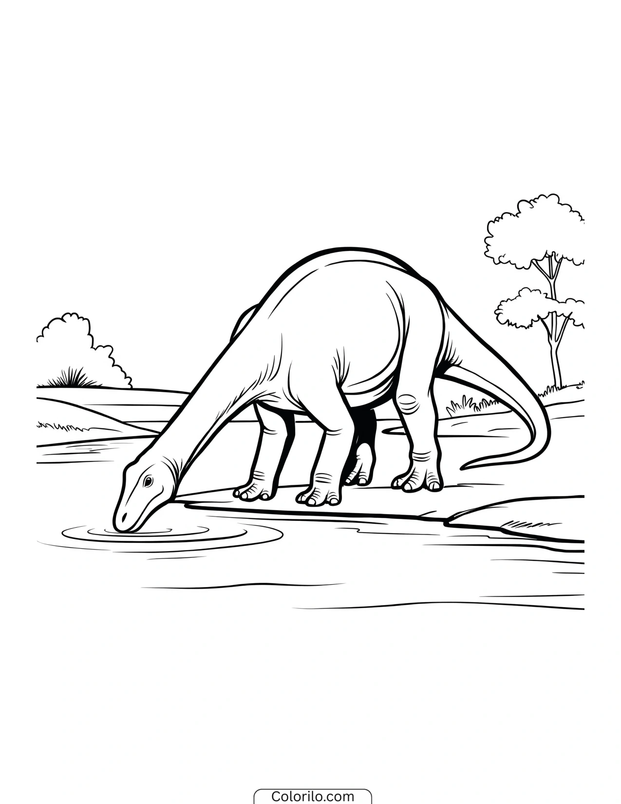 Sauropod drinking at the edge of a lake coloring page