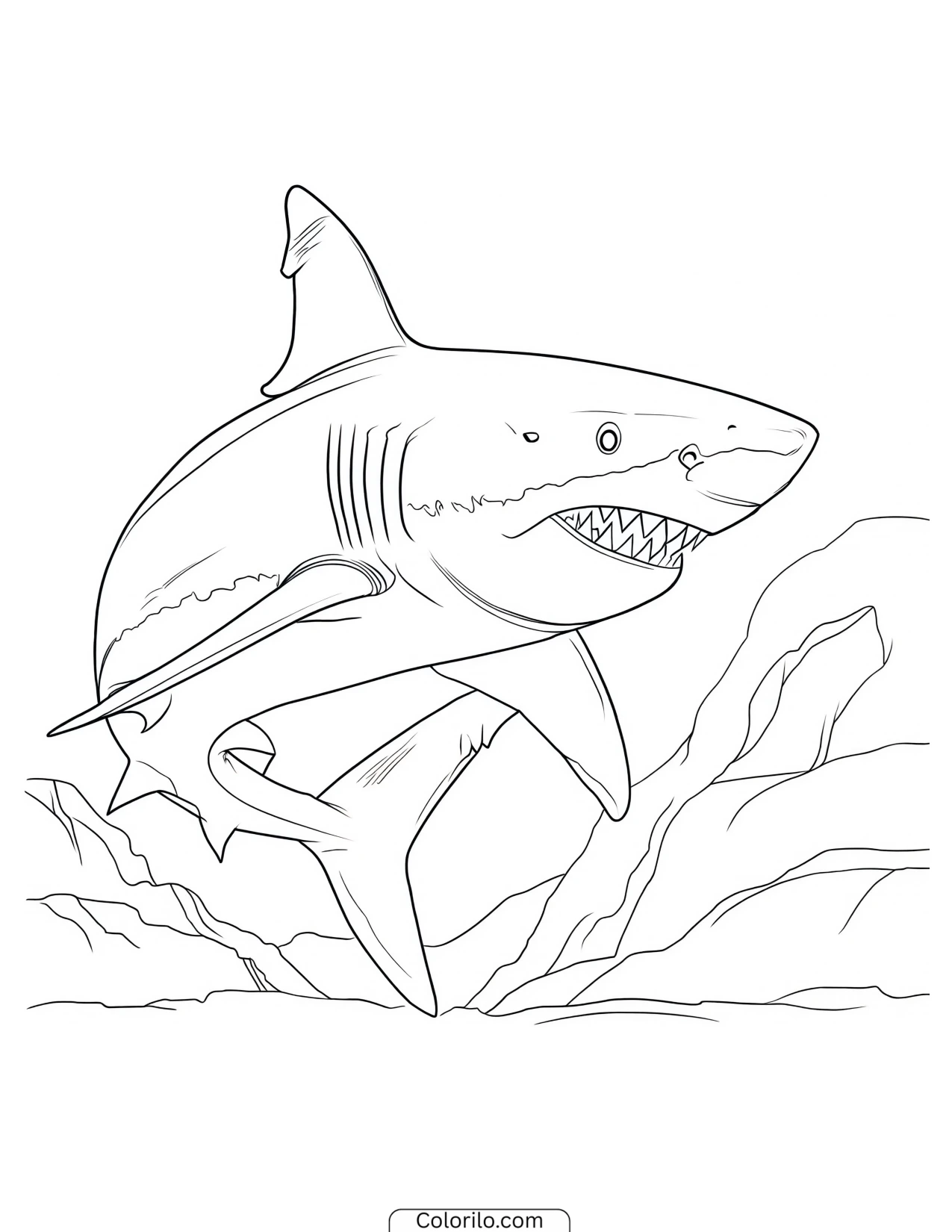 Shark swimming just beneath the water surface coloring page