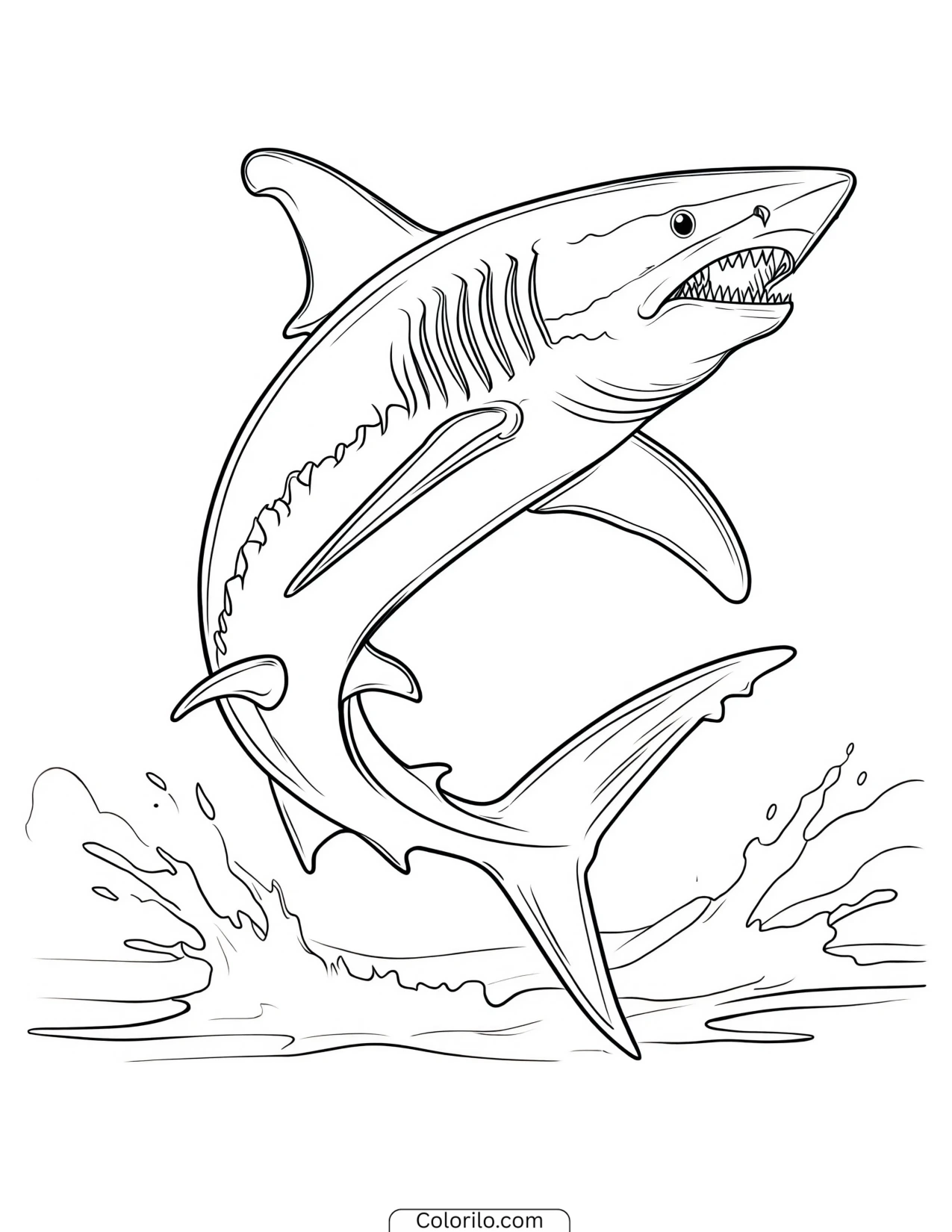 Shark breaching through ocean waves coloring page