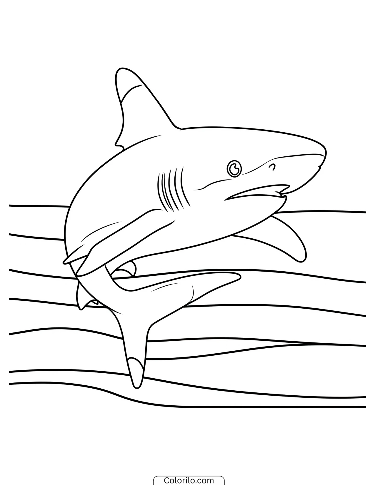 Shark gliding beneath the water surface coloring page