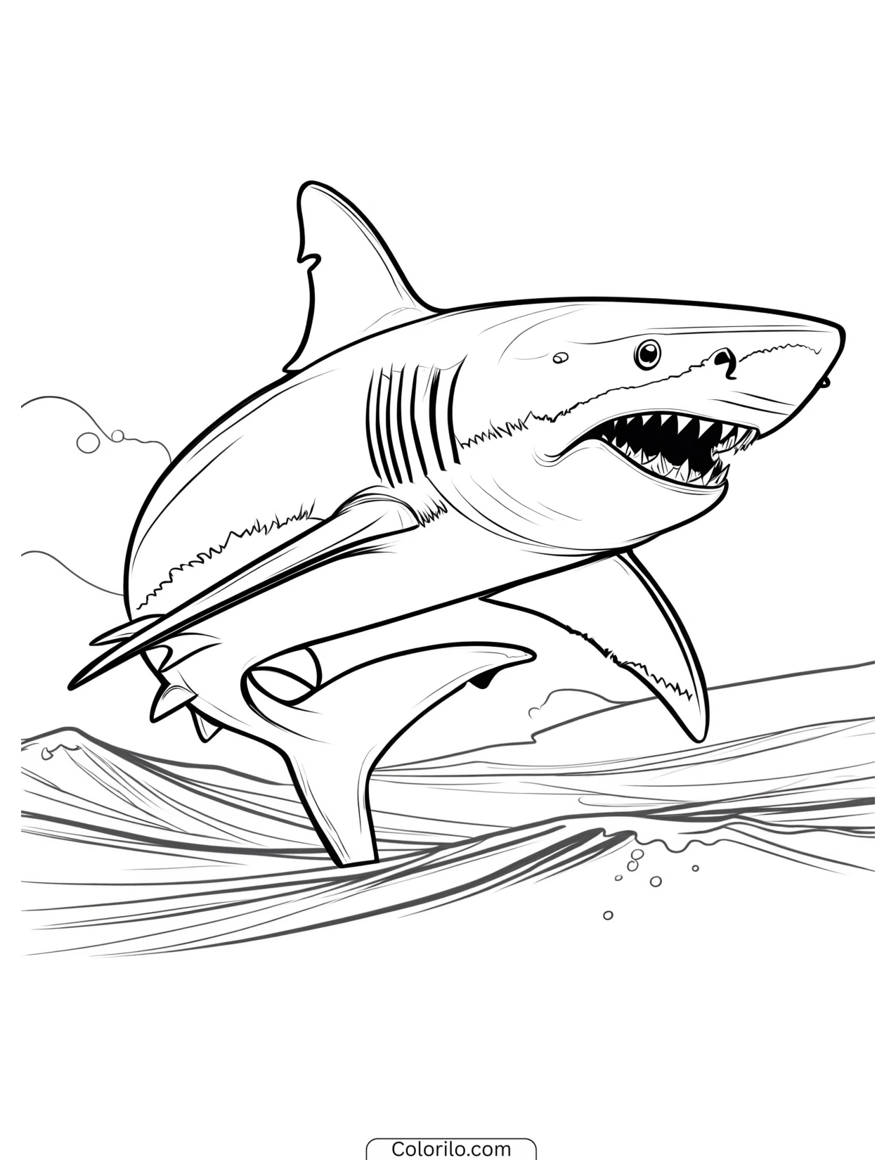Shark swimming through strands of seaweed coloring page