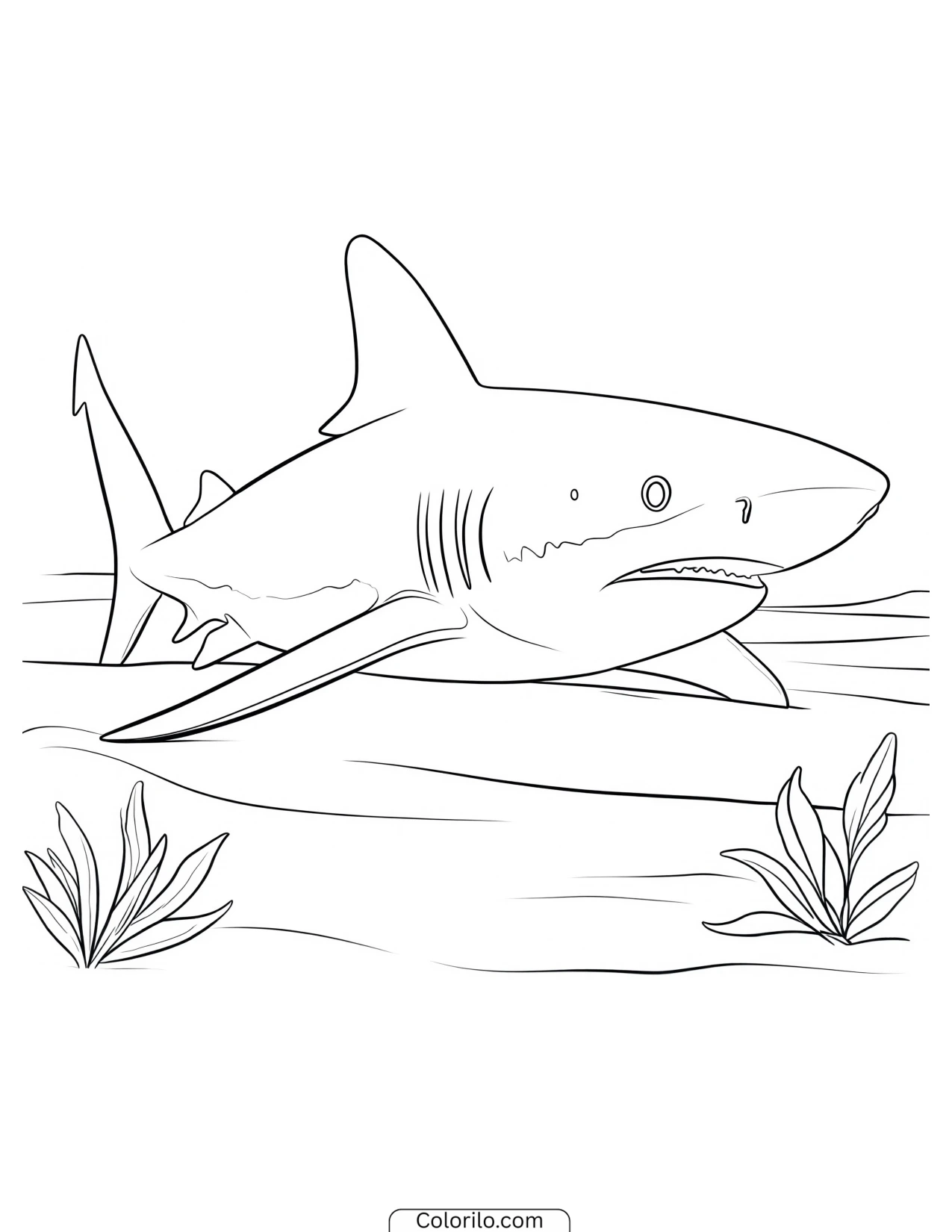 Shark swimming through a trail of bubbles coloring page