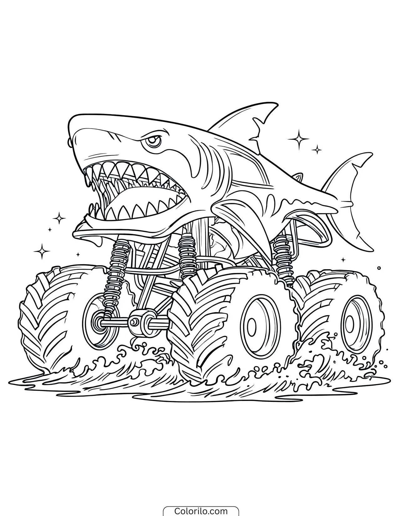 Shark-themed truck splashing through water coloring page