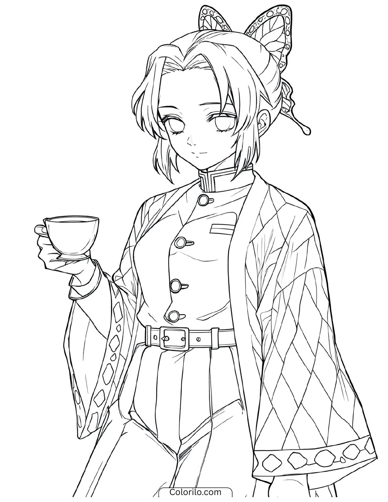 Shinobu Kocho holding a teacup coloring page