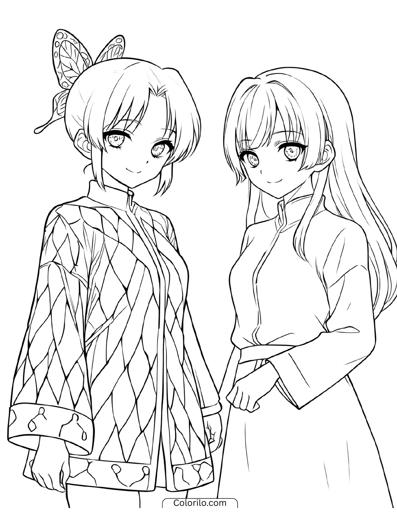 Shinobu Kocho standing beside a companion coloring page