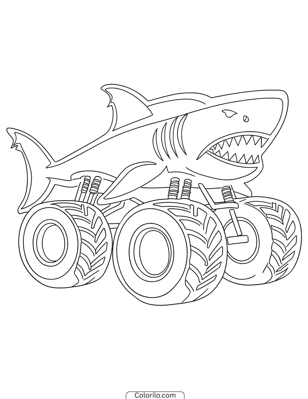 Side view of a shark-themed monster truck coloring page