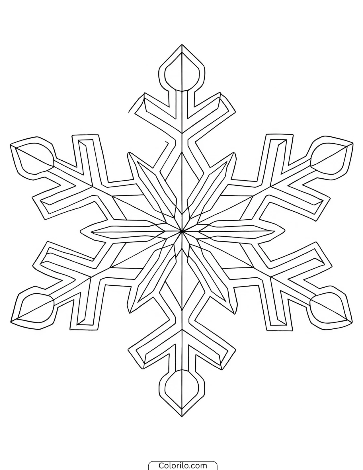 Six-branch snowflake with crystal detailing coloring page