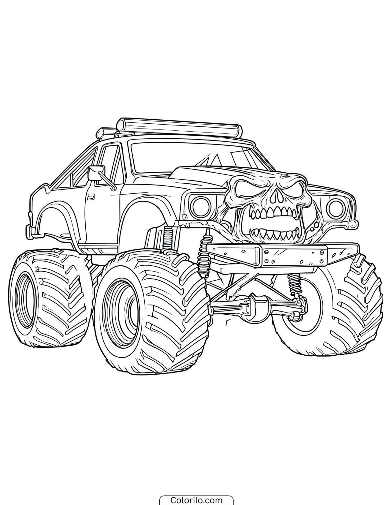 Monster truck with a skull face on the front coloring page