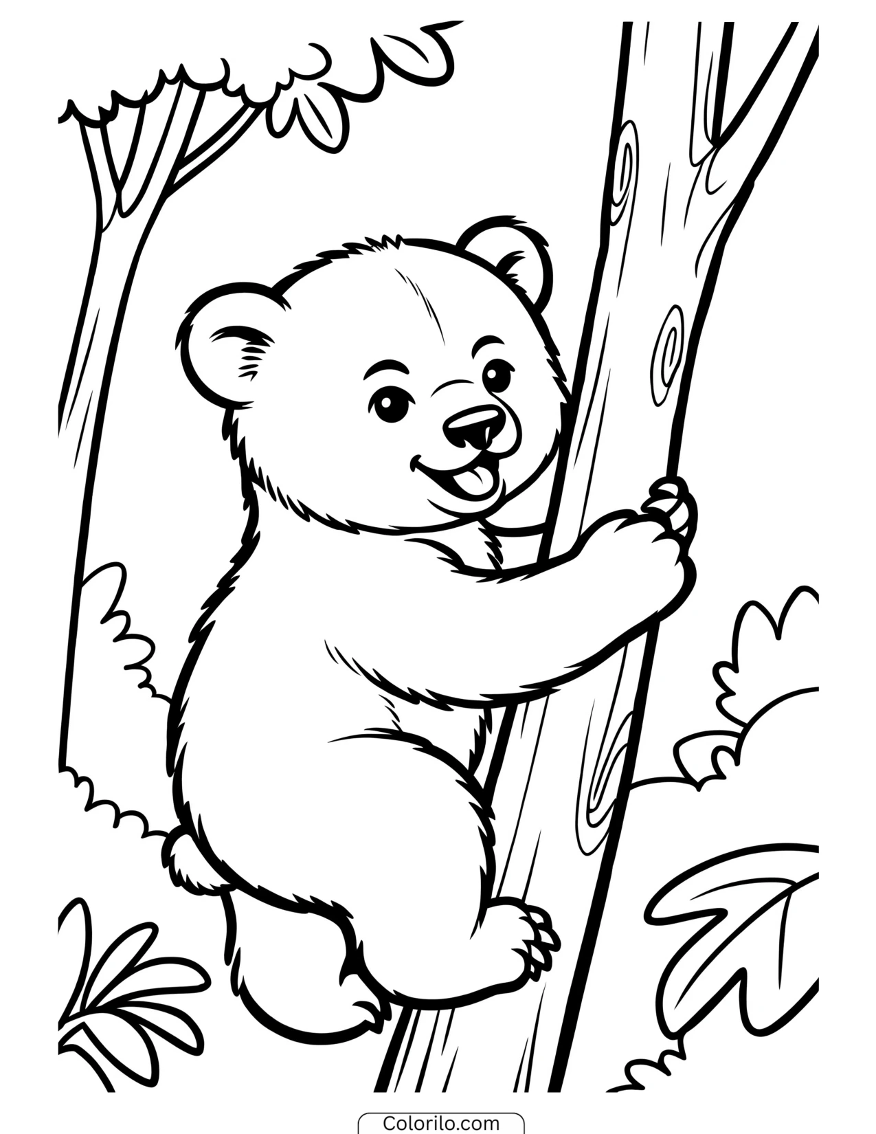 Smiling bear cub climbing a tree coloring page