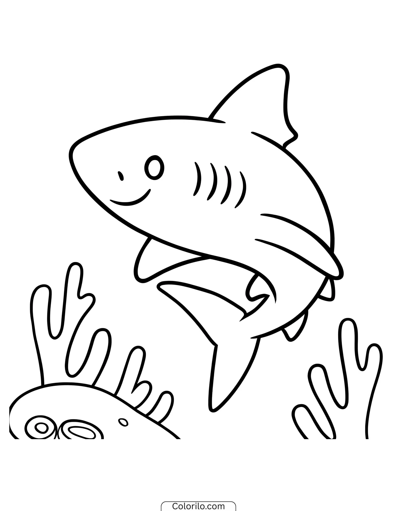Smiling cartoon shark swimming over coral coloring page