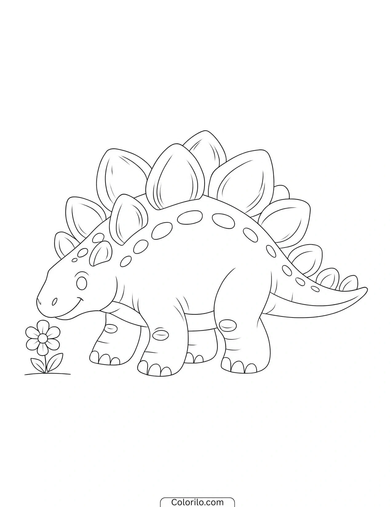 Smiling Stegosaurus sniffing a flower coloring page