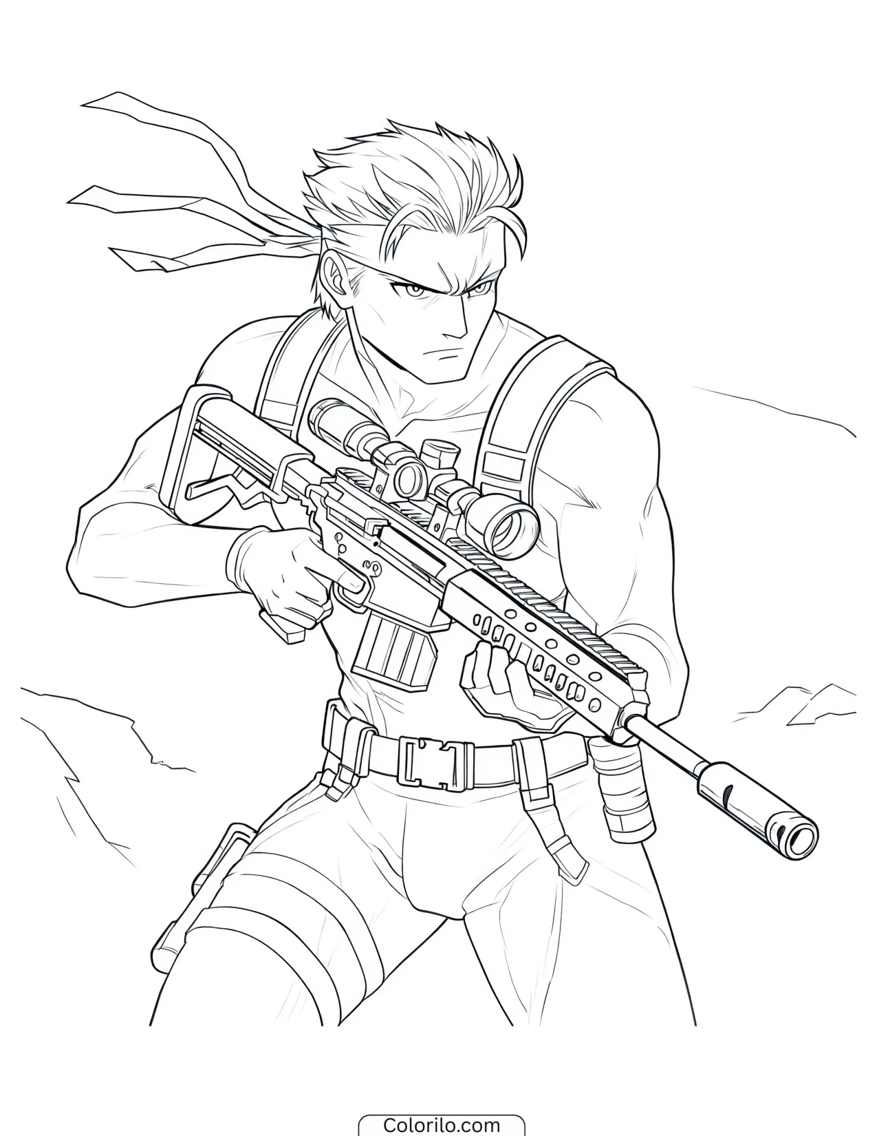 Solid Snake holding a sniper rifle coloring page