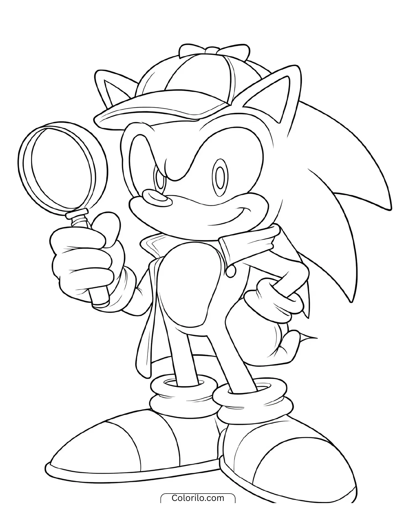 Sonic the Hedgehog as a detective with a magnifying glass coloring page