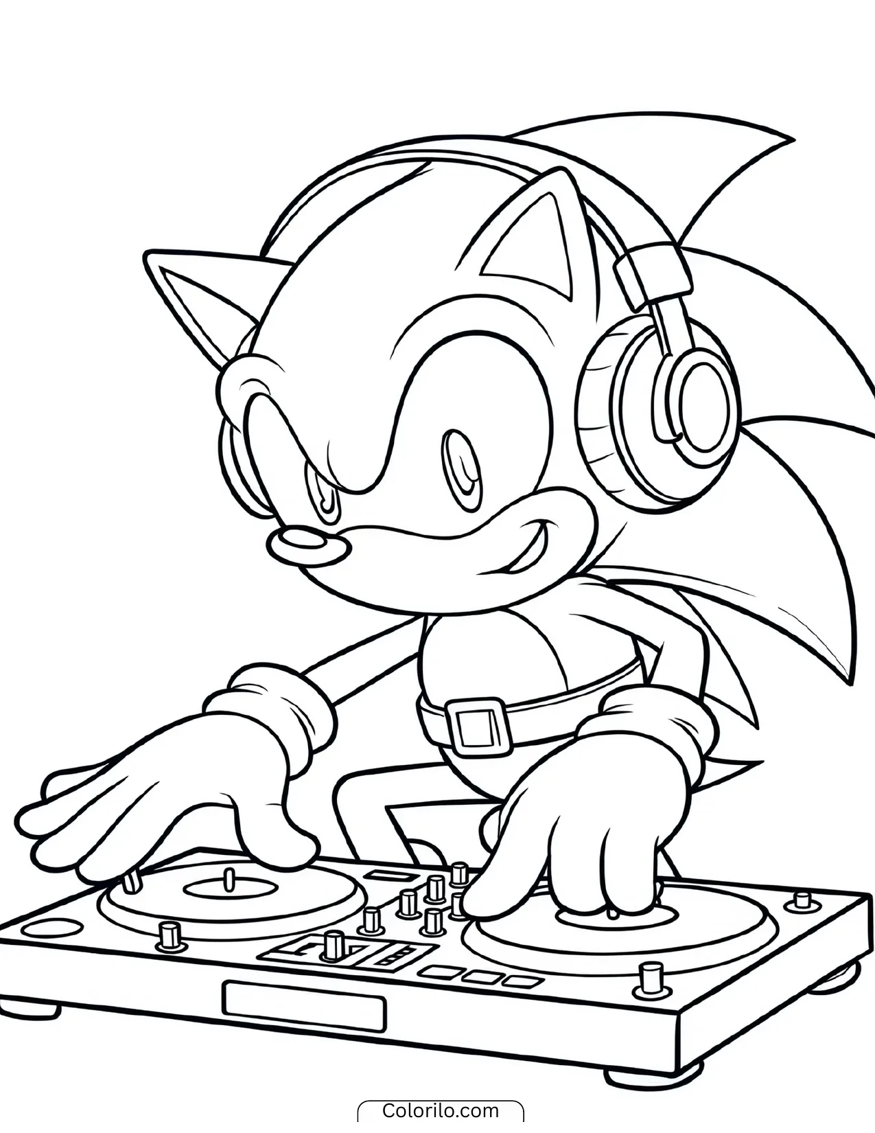 Sonic the Hedgehog as a DJ wearing headphones coloring page