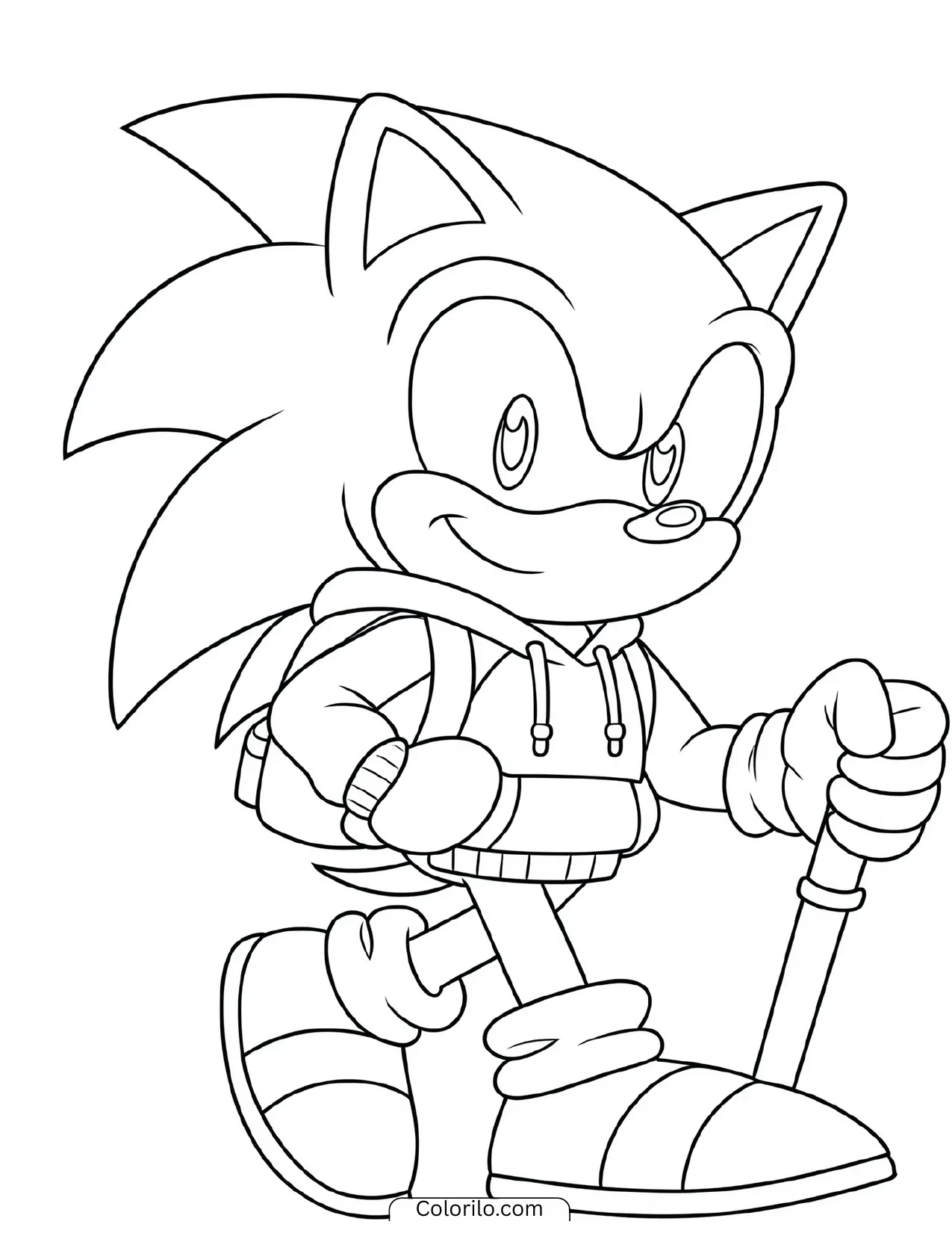Sonic the Hedgehog hiking with a walking stick coloring page