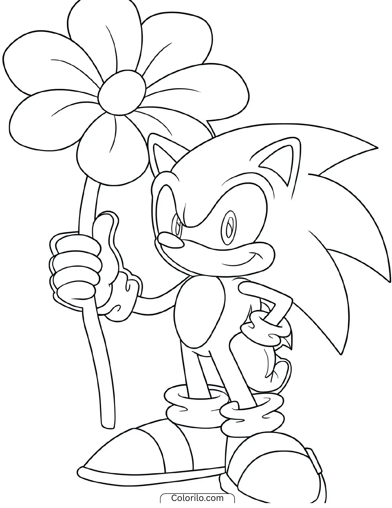 Sonic the Hedgehog holding a giant flower coloring page