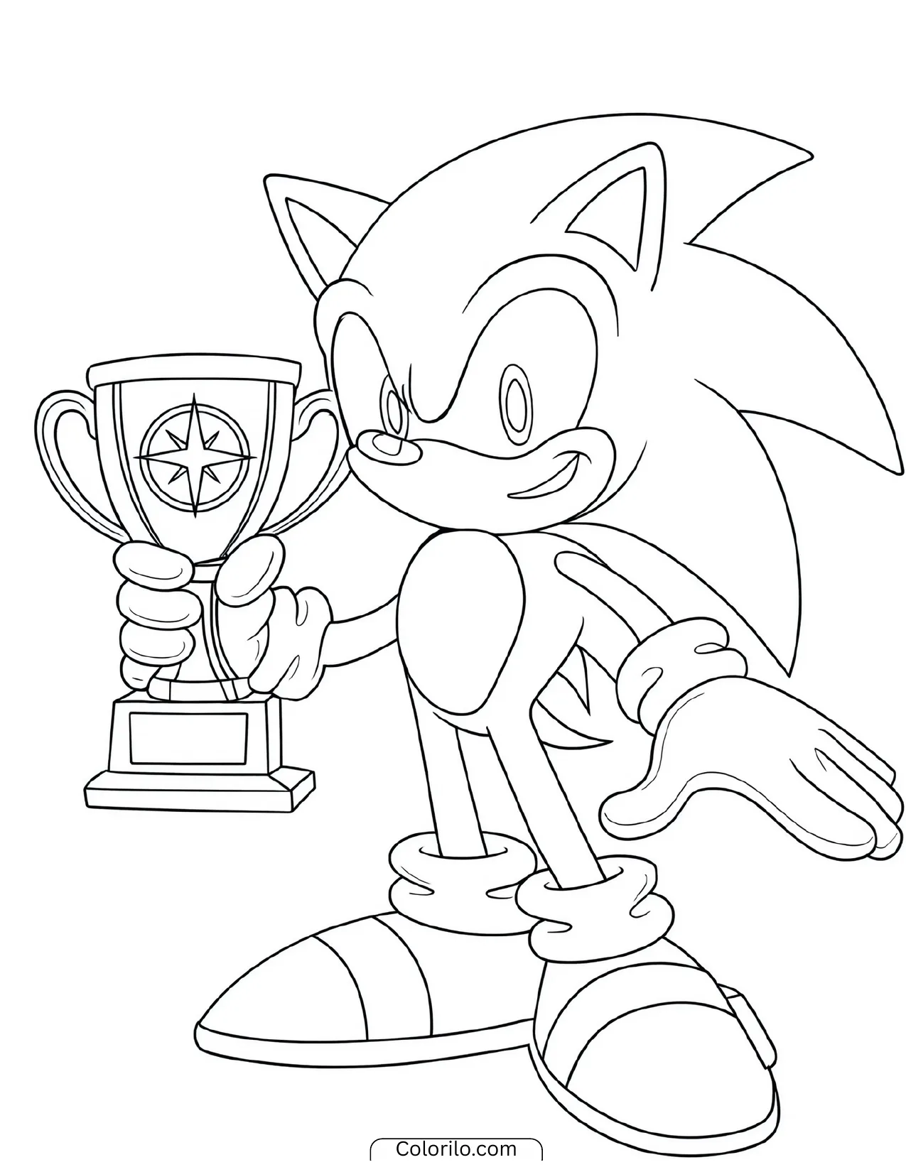 Sonic the Hedgehog holding up a star trophy coloring page