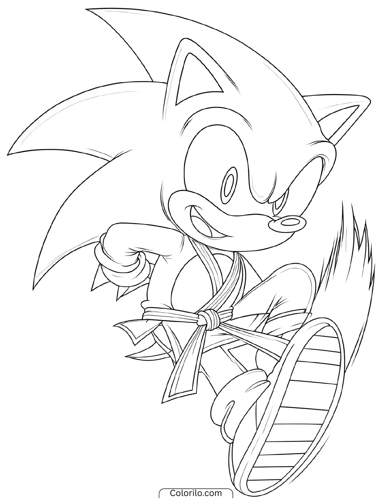 Sonic the Hedgehog performing a karate kick in a belted gi coloring page