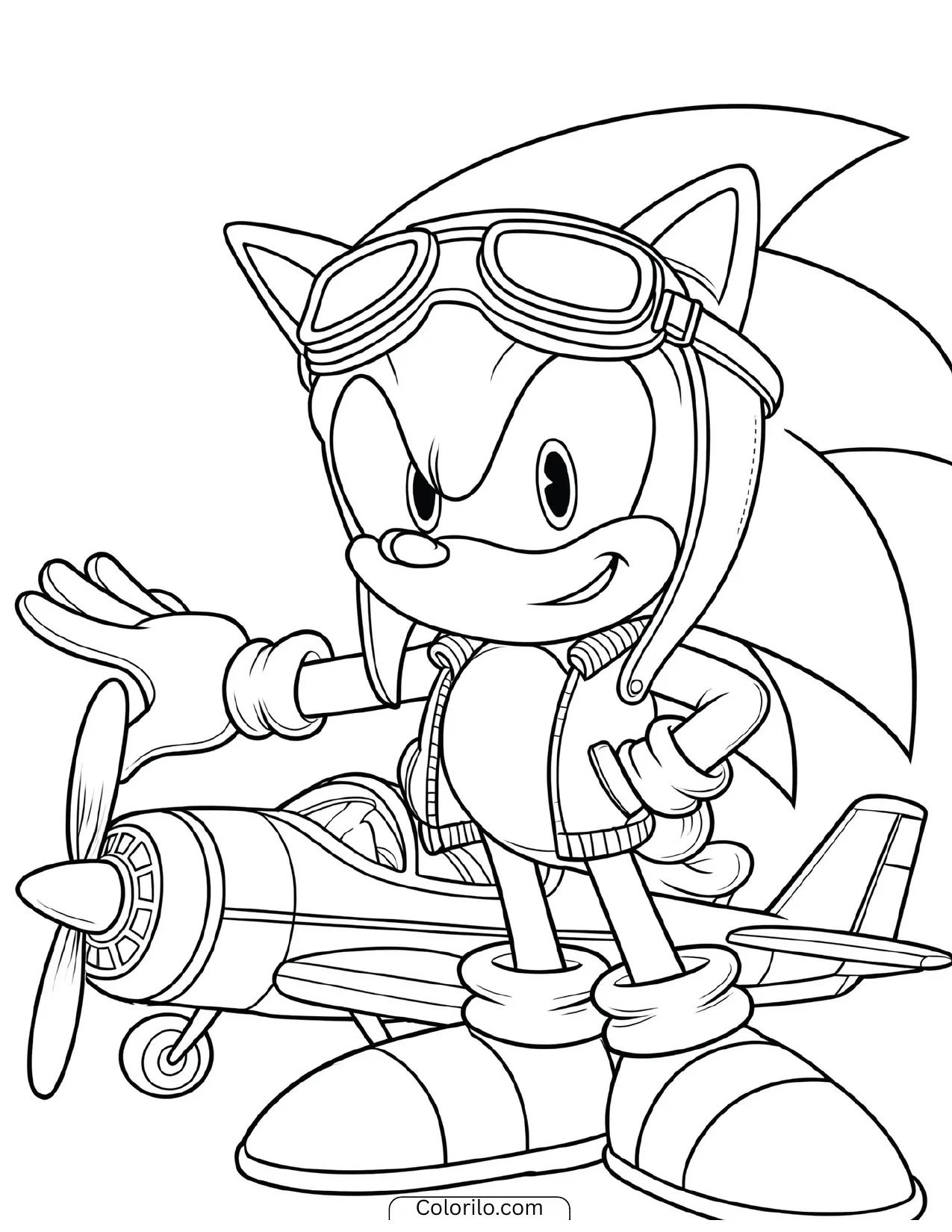 Sonic the Hedgehog as a pilot with goggles beside a plane coloring page