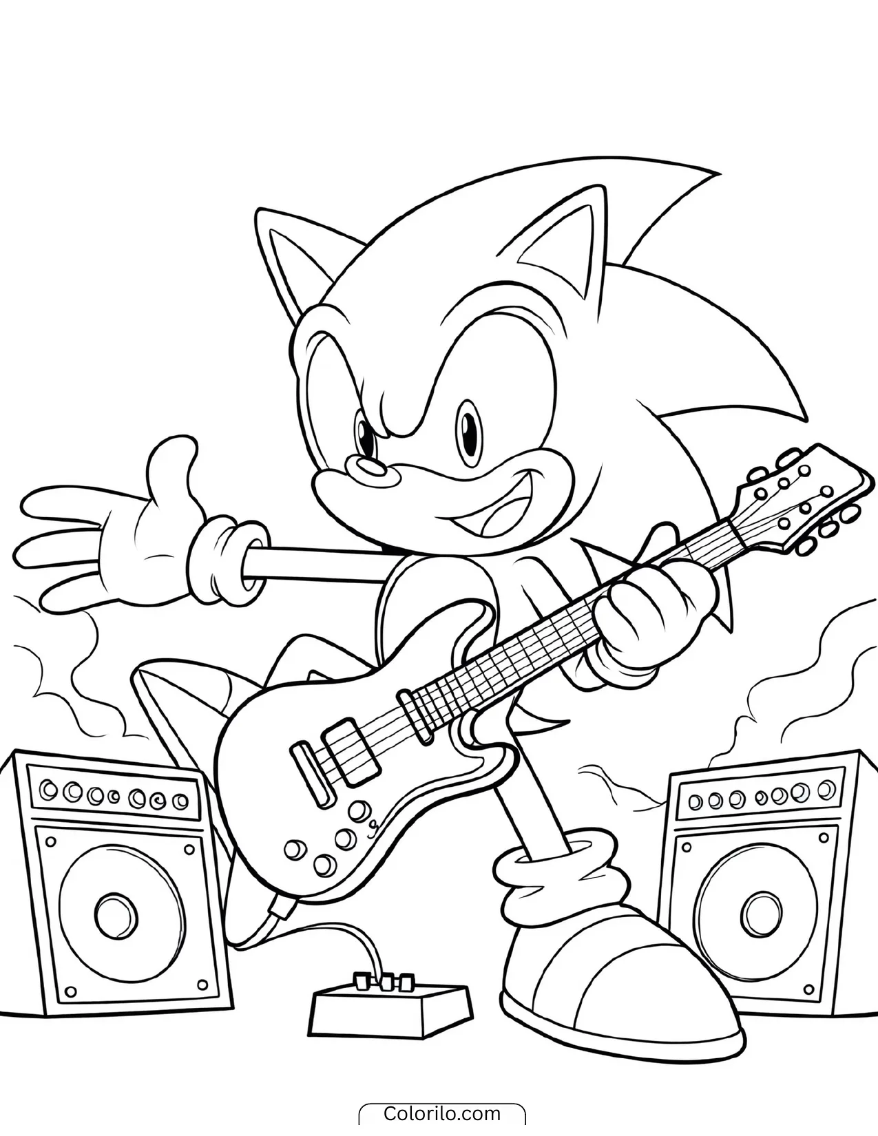 Sonic the Hedgehog playing an electric guitar coloring page