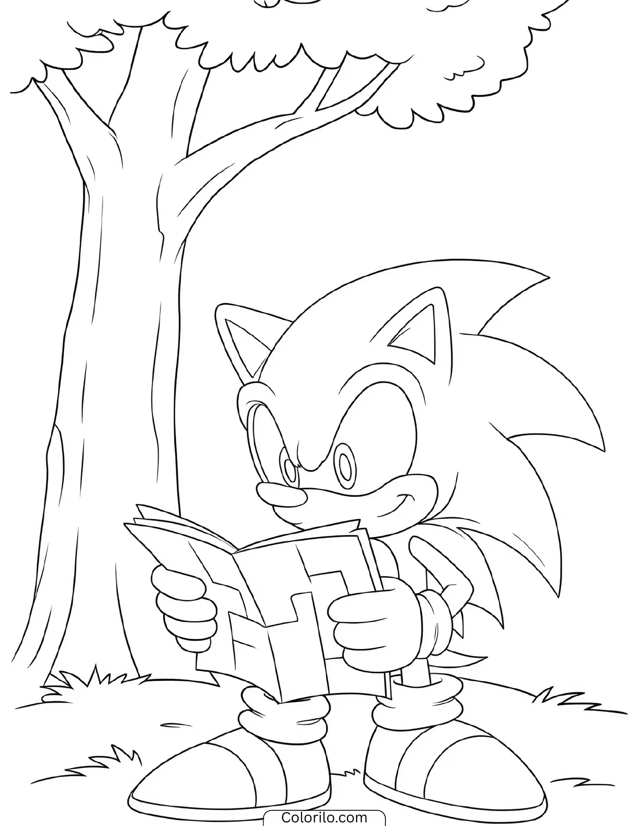 Sonic the Hedgehog reading a map beside a tree coloring page