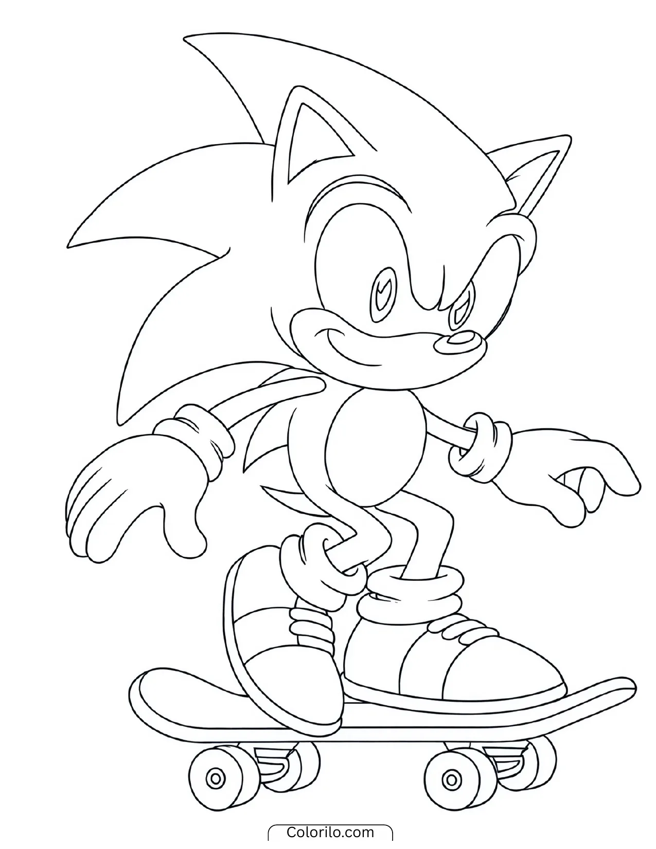 Sonic the Hedgehog riding a skateboard coloring page