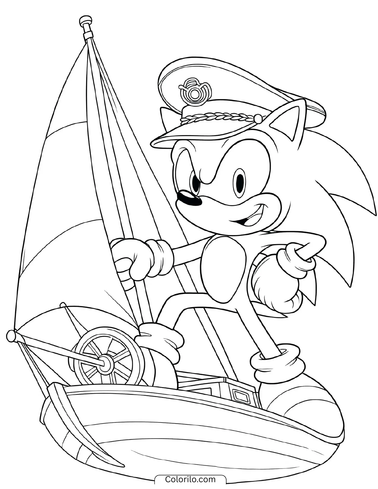Sonic the Hedgehog sailing a boat in a captain's hat coloring page