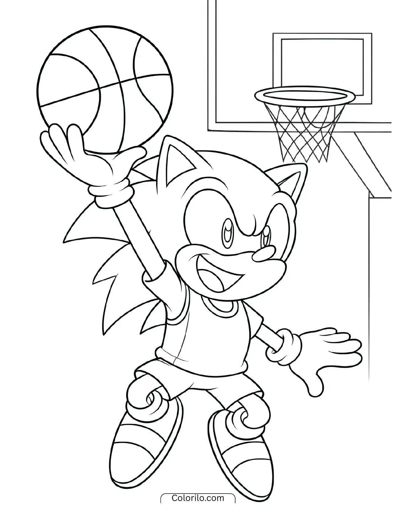 Sonic the Hedgehog shooting a basketball coloring page