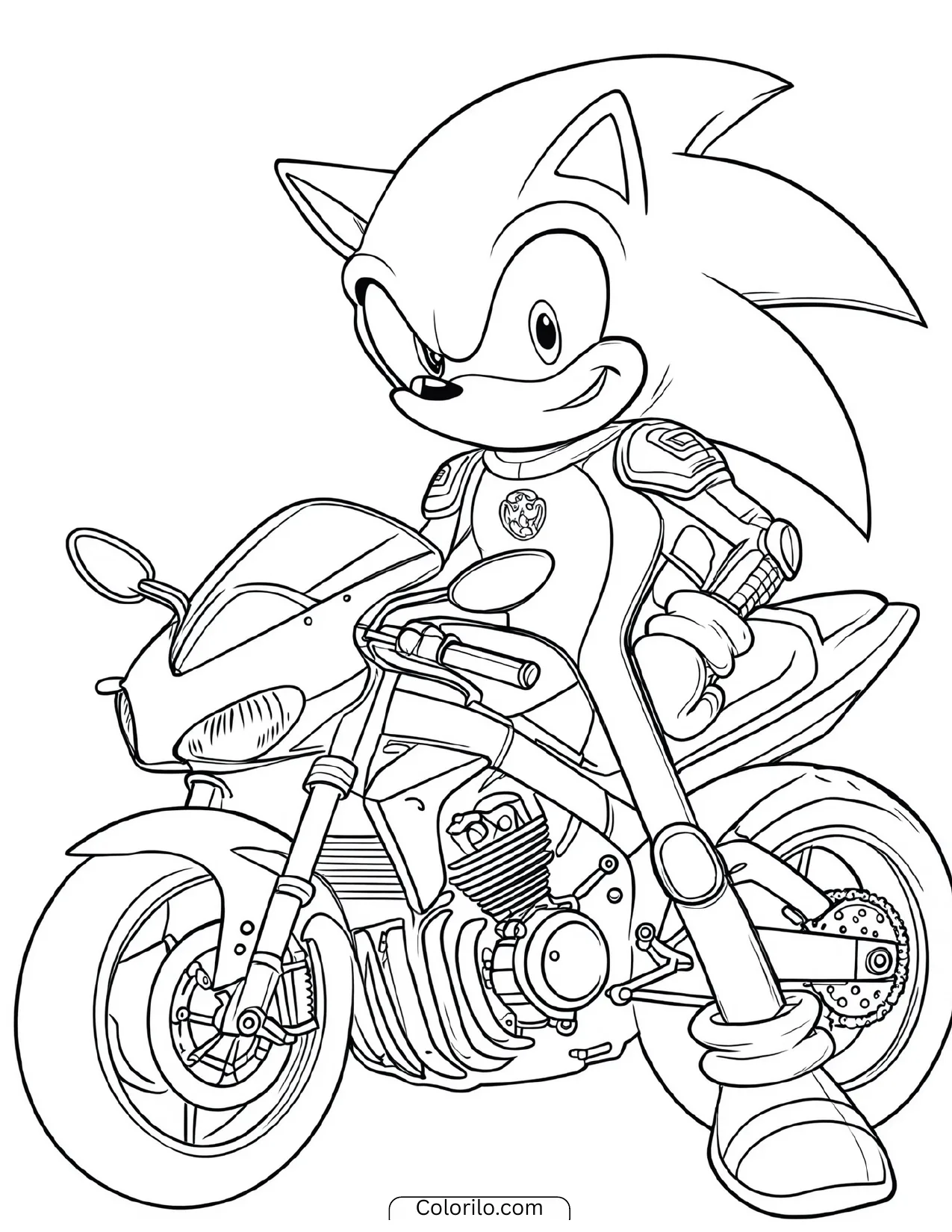 Sonic the Hedgehog sitting on a motorcycle coloring page
