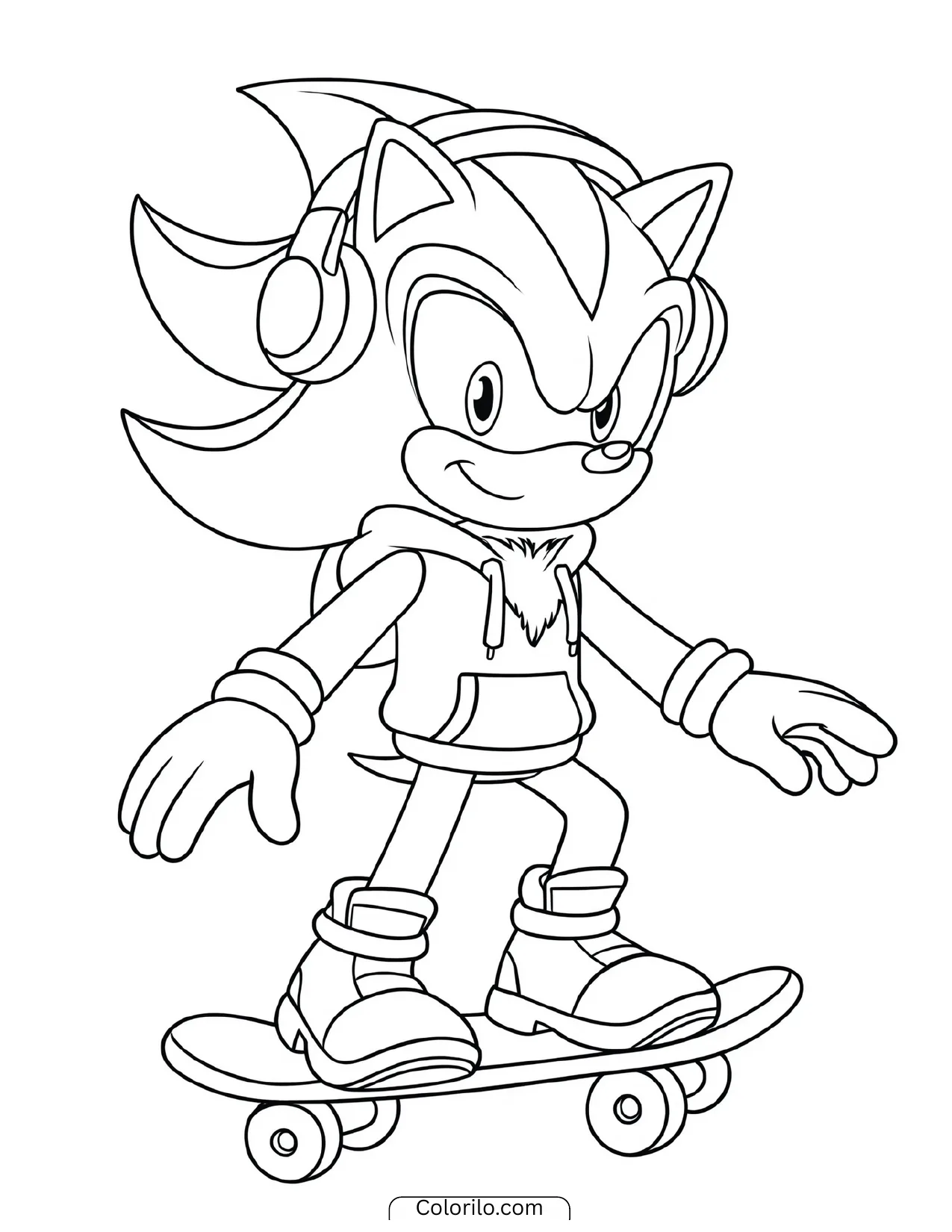 Sonic the Hedgehog skateboarding while wearing headphones coloring page