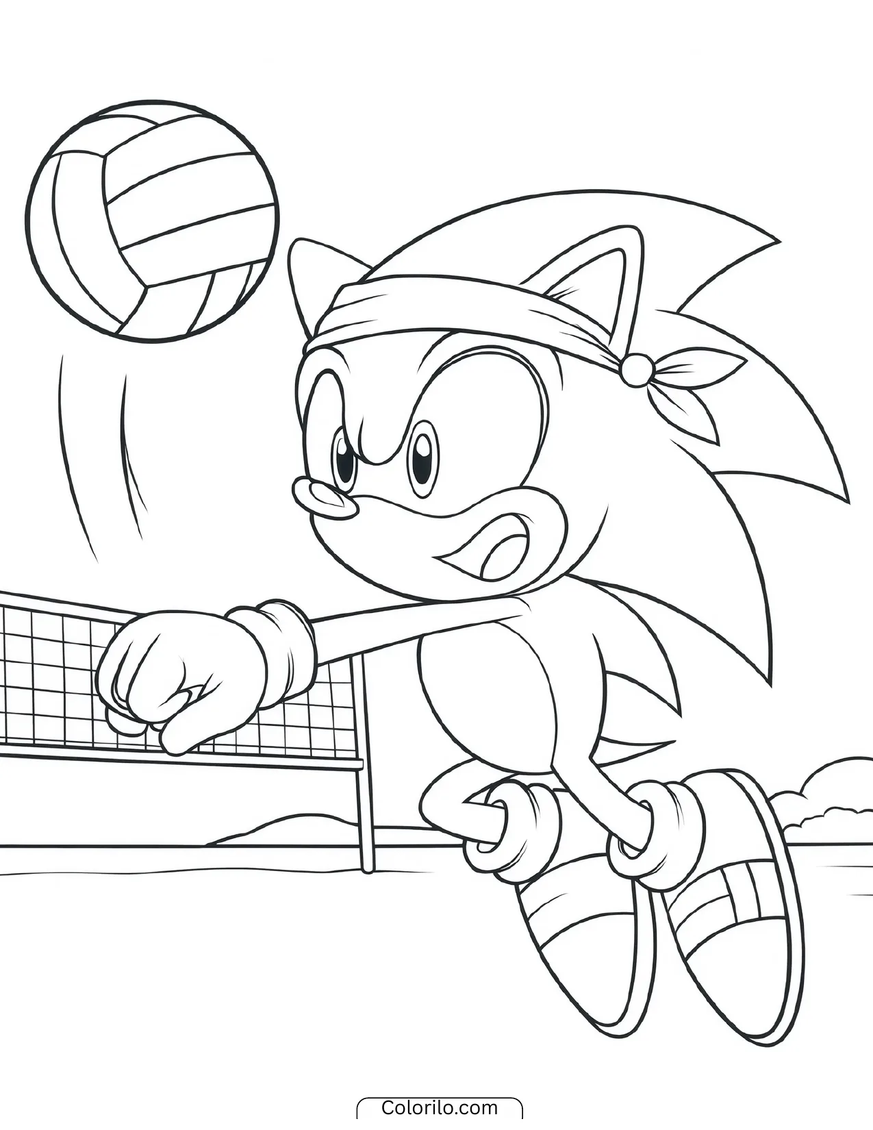 Sonic the Hedgehog spiking a volleyball at the net coloring page
