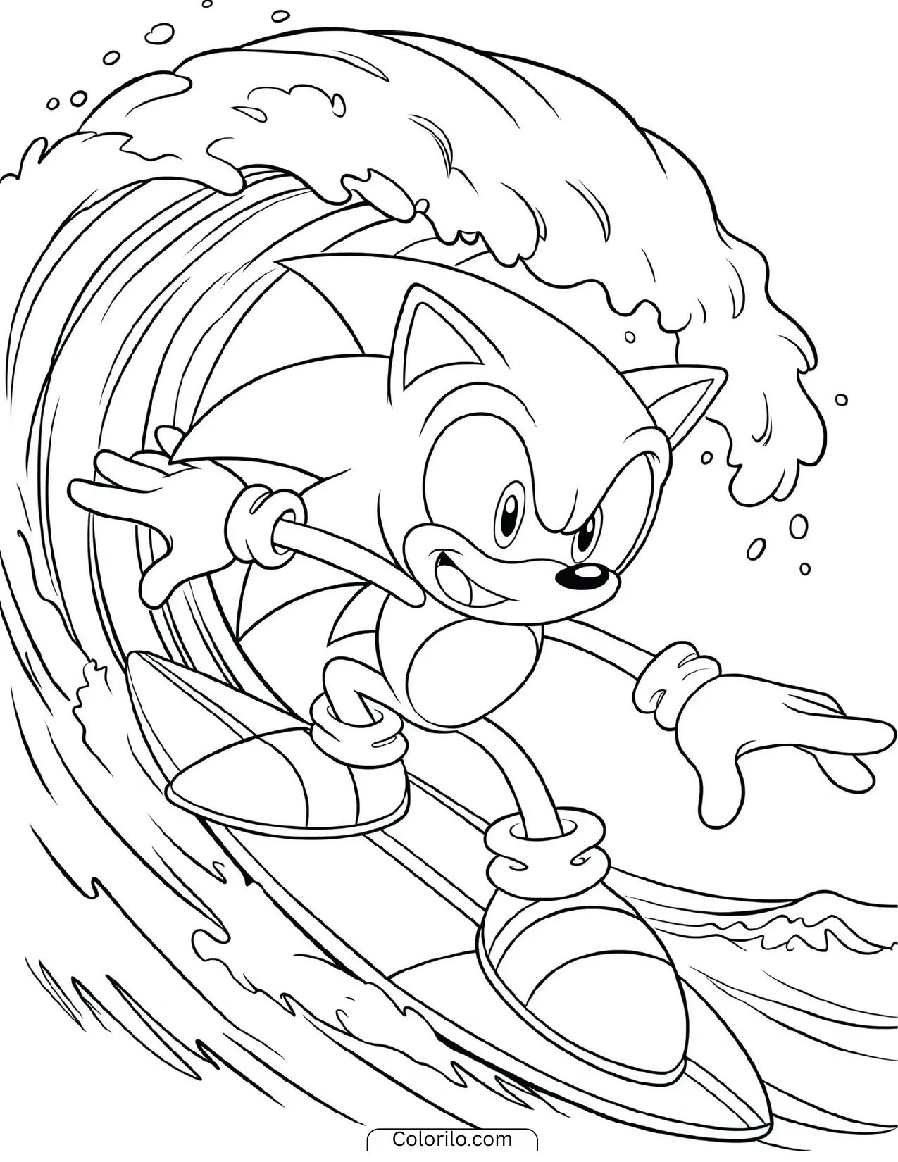 Sonic the Hedgehog surfing on a wave coloring page
