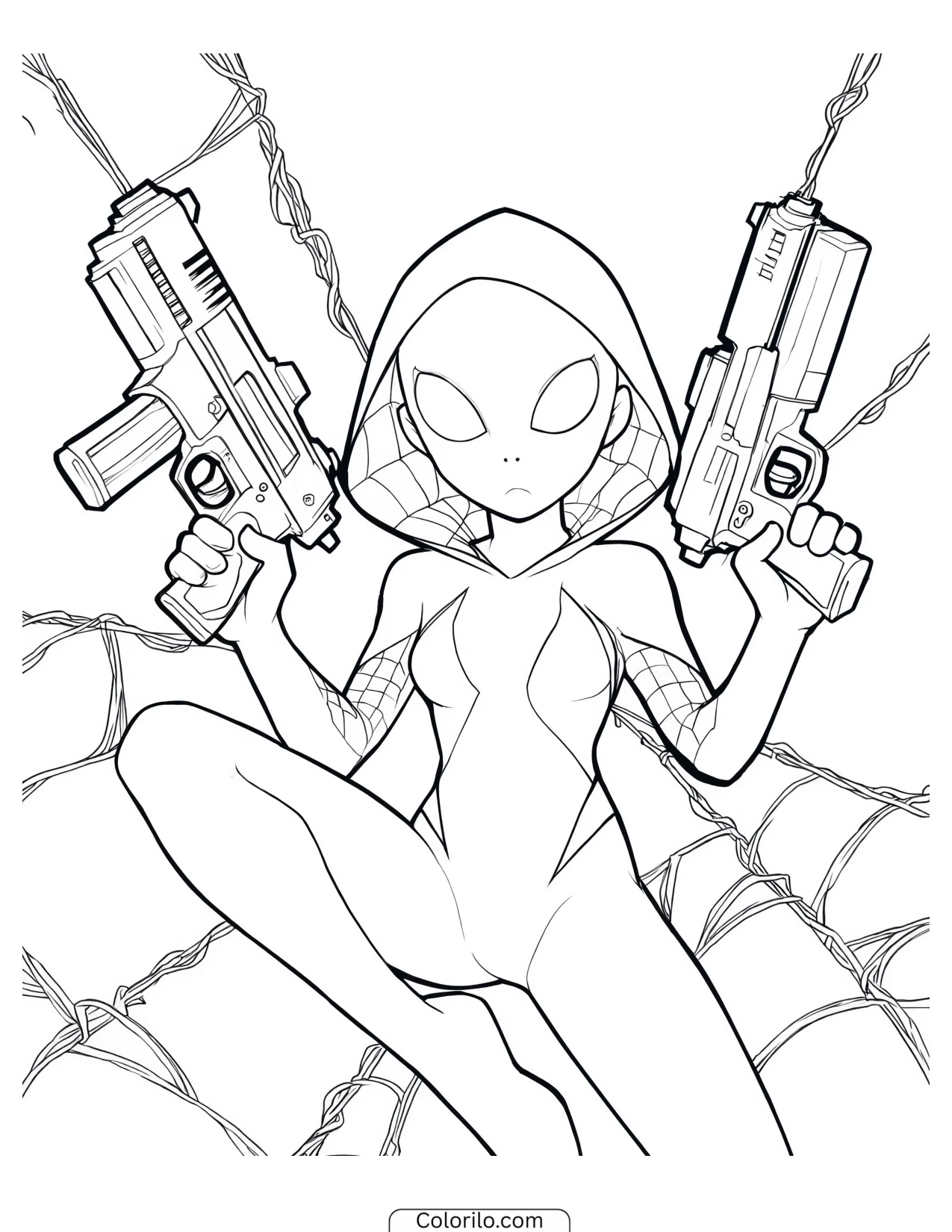 Spider-Gwen holding two weapons coloring page