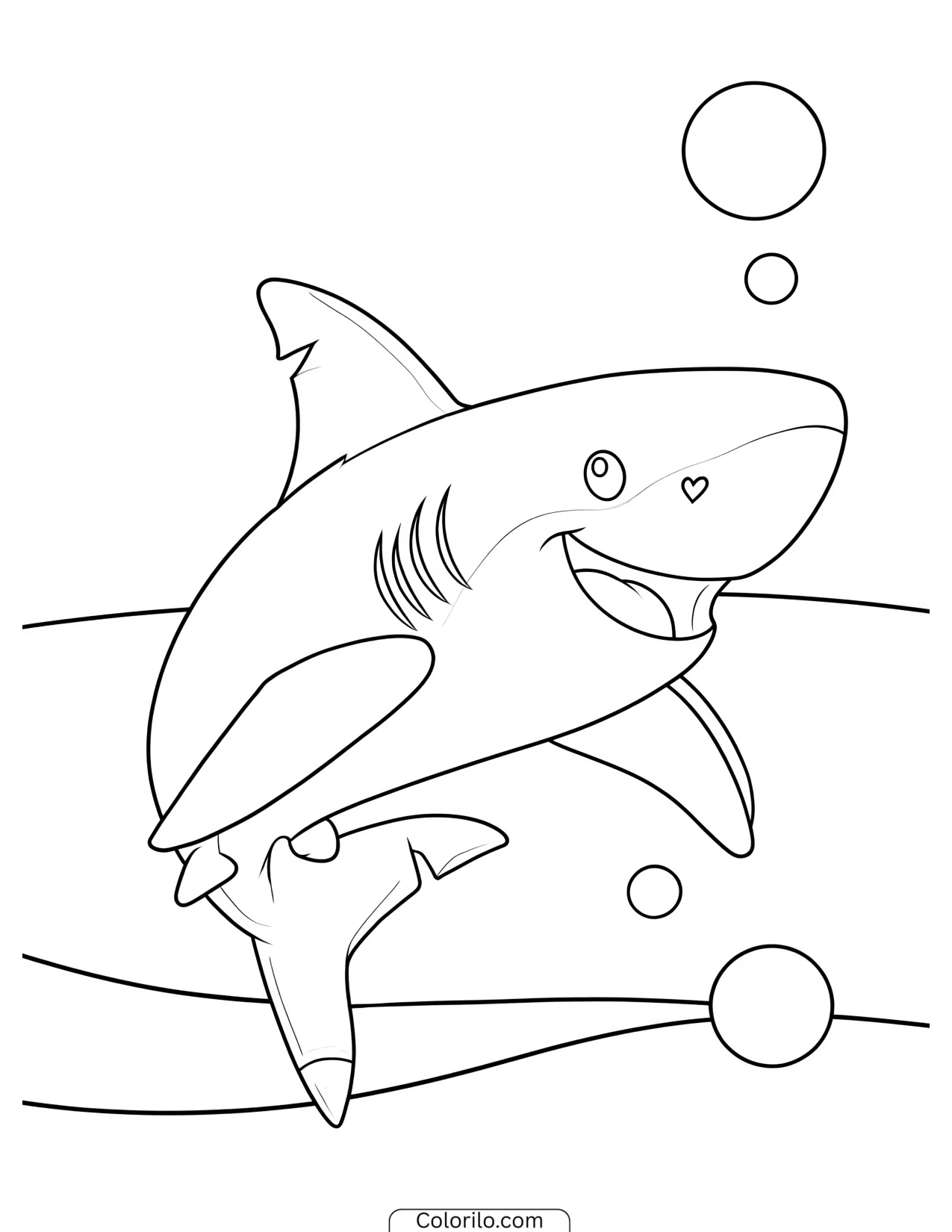 Striped shark swimming near seashells coloring page