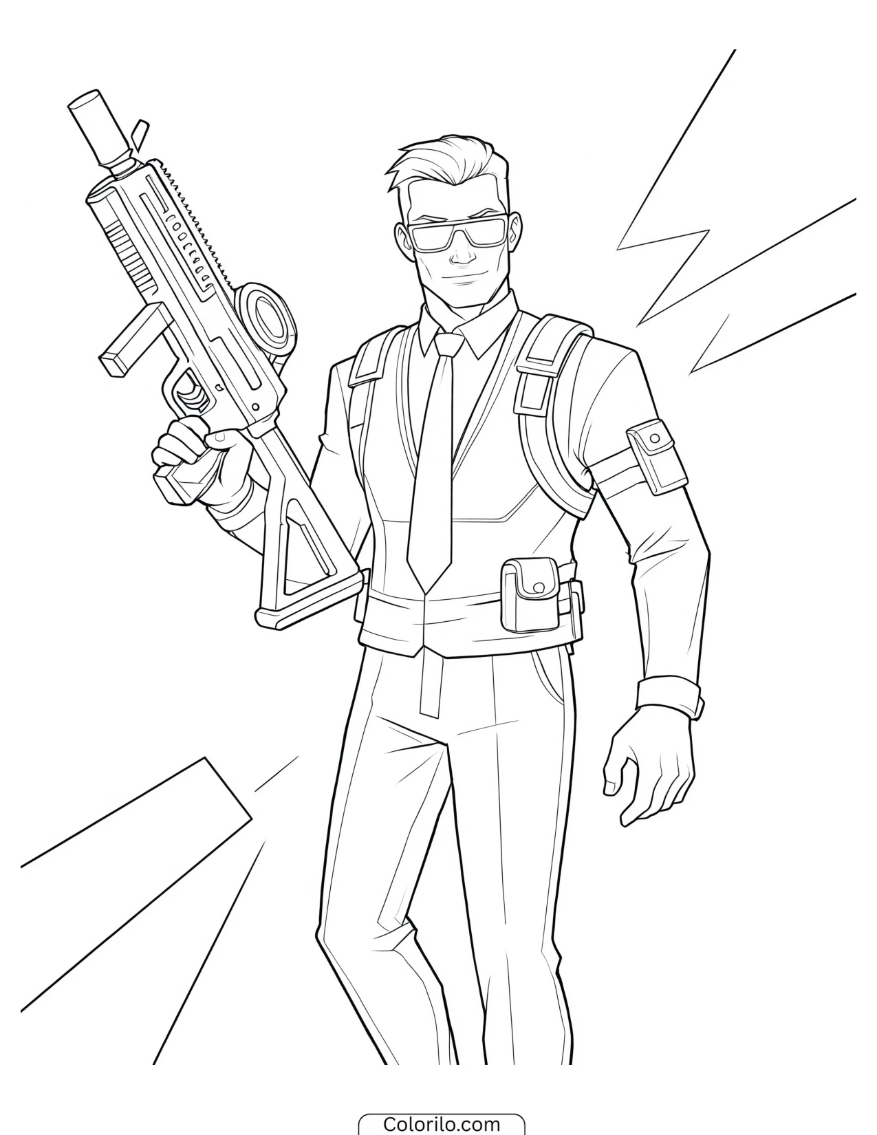 Character in a suit holding a rifle coloring page