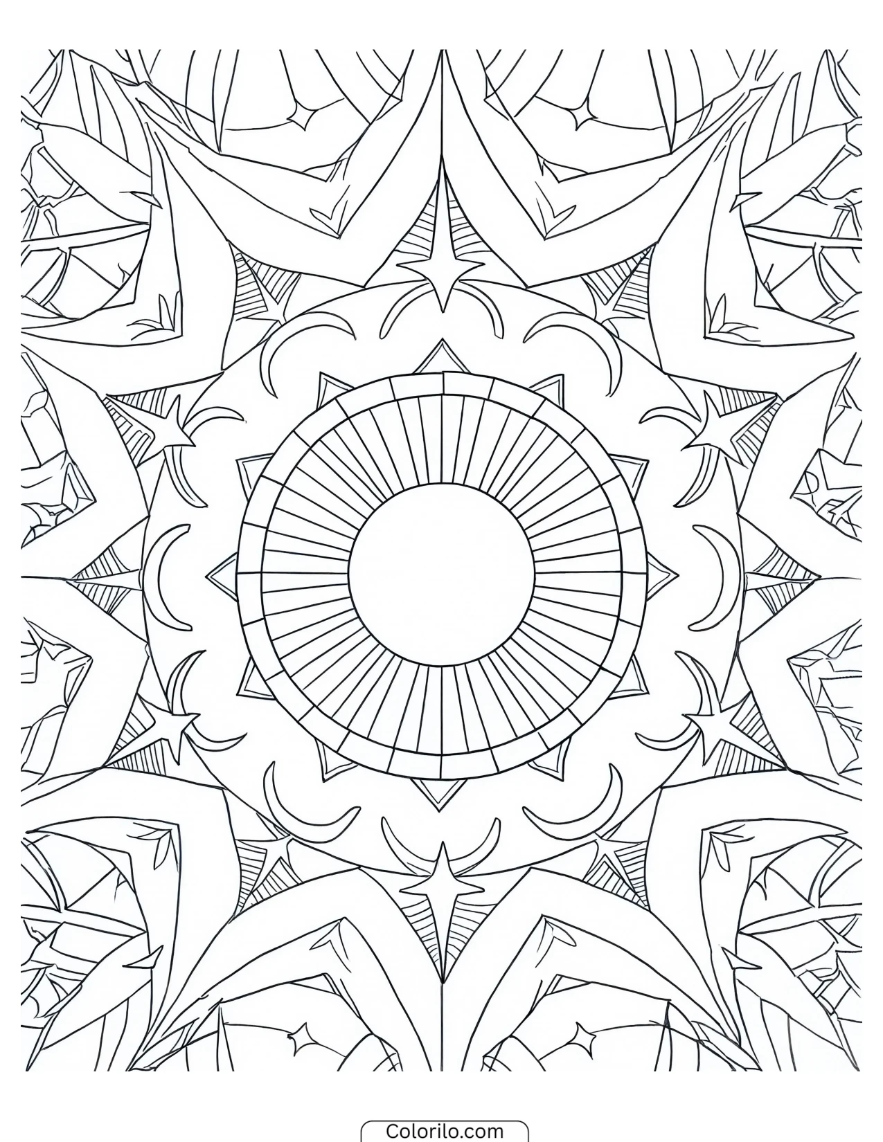 Sunburst wheel mandala with crescent shapes coloring page