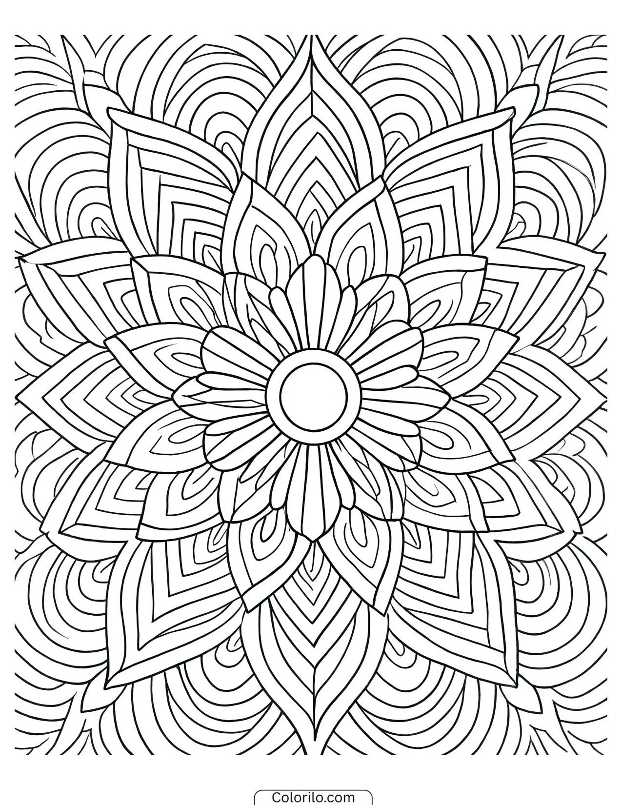 Sunflower mandala with chevron leaf borders coloring page