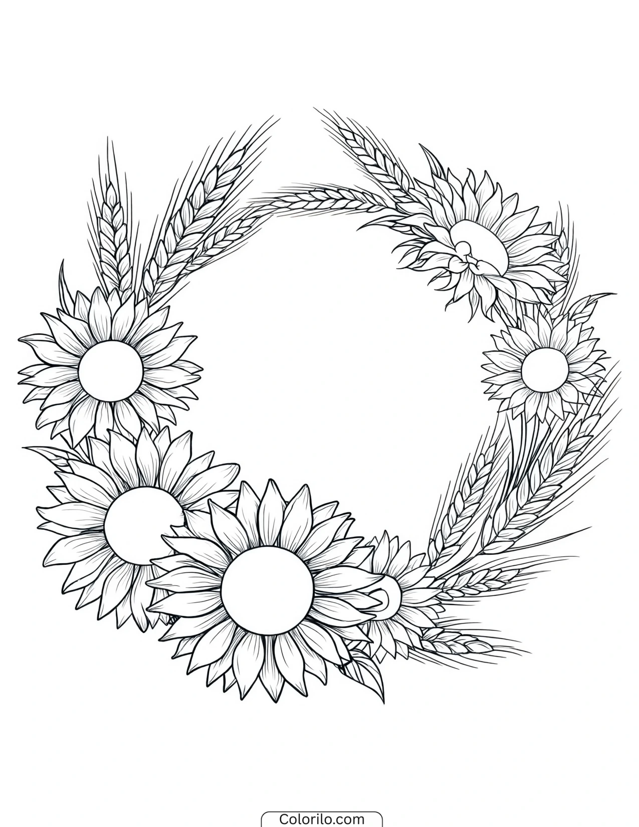 Wreath of sunflowers and wheat stalks coloring page