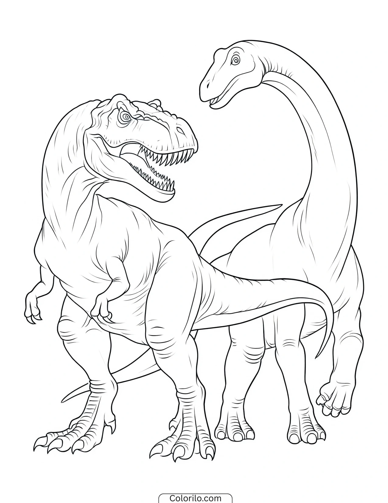 A T. rex and a sauropod standing together coloring page