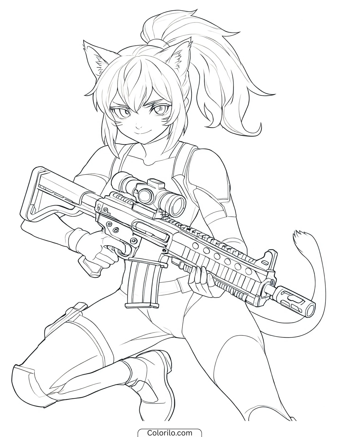 Cat-eared tactical character holding a rifle coloring page